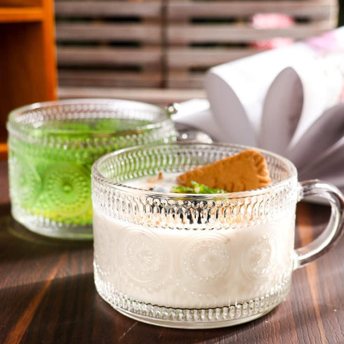 Vintage Glass Coffee Mugs Set of 2, 14 Ounces
